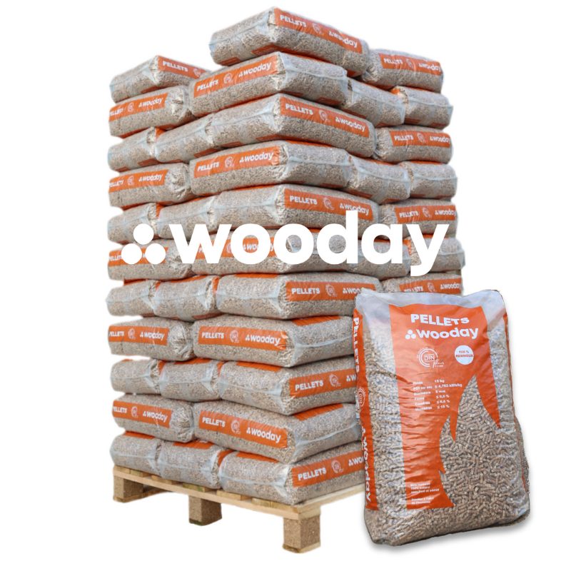 Granulés de bois Wooday DIN Plus – Palette 65 sacs de 15 kg (975 kg)
