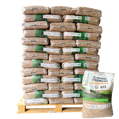 Granulés de bois SimplyPELLET Premium DIN Plus – Palette 65 sacs de 15 kg (975 kg)