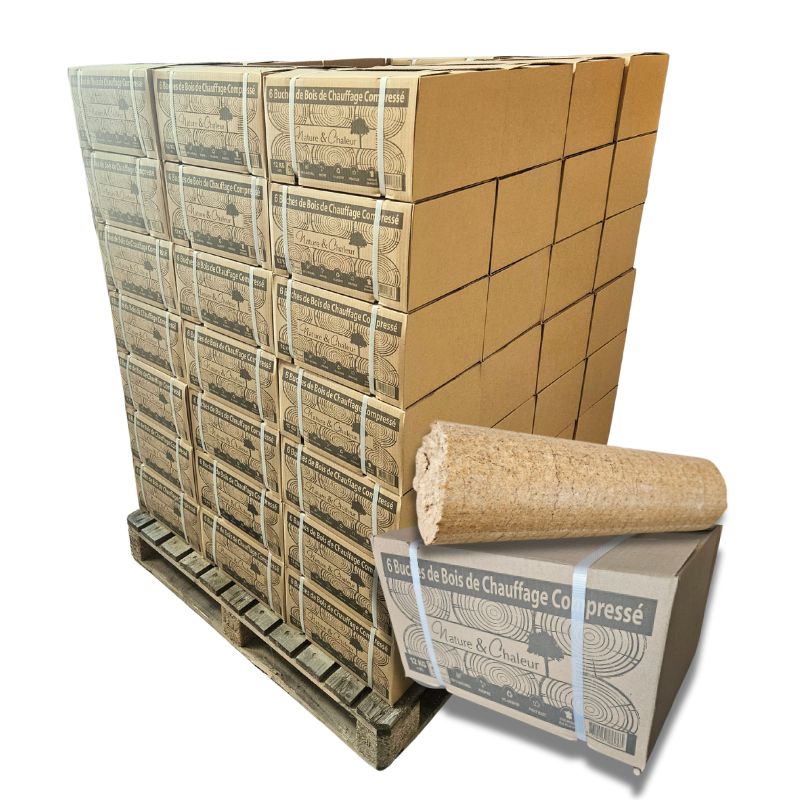 Bûches de bois densifié Confort Kali – Palette 80 cartons de 6 bûches (960 kg)