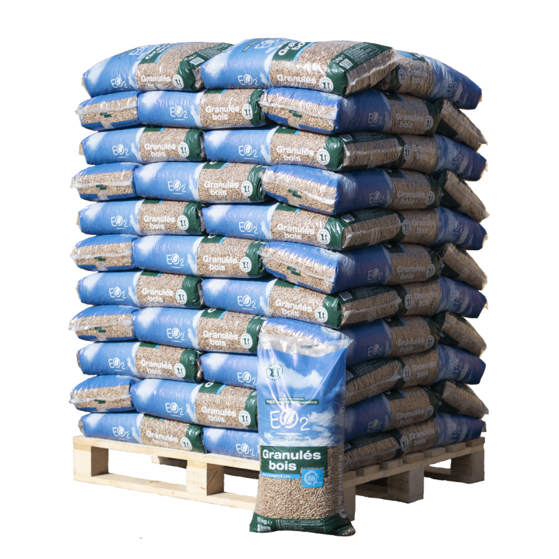 Granulés de bois EO2 DIN+ – Palette 66 sacs de 15 kg (990 kg)