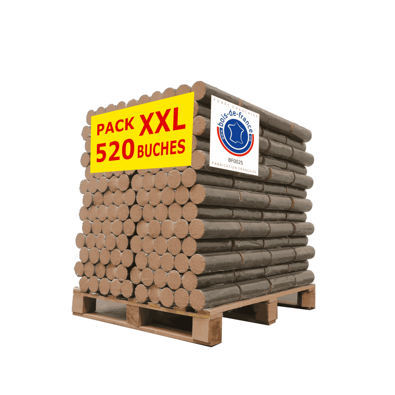 Bûches compressées 100 % hêtre Bois de France – Palette 520 bûches (1040 kg)