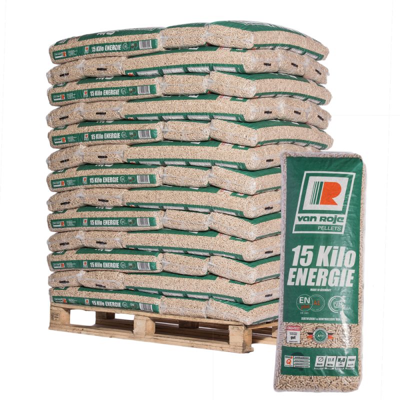 Granulés de bois Van Roje DIN Plus ENplus A1 – Palette 65 sacs de 15 kg (975 kg)