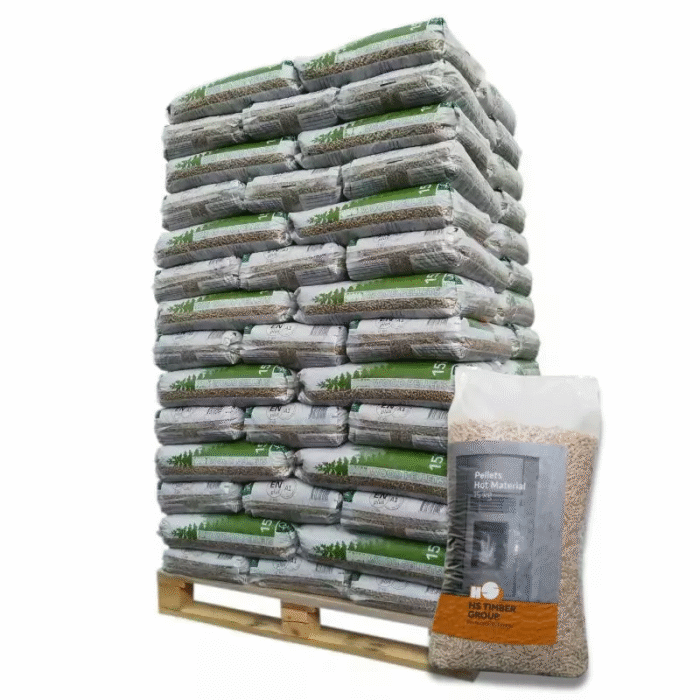 Granulés de bois HS Timber 100 % résineux DIN Plus ENplus A1 – Palette 66 sacs de 15 kg (990 kg)